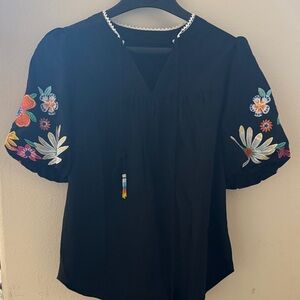 Embroidered Black Blouse with Floral Sleeves